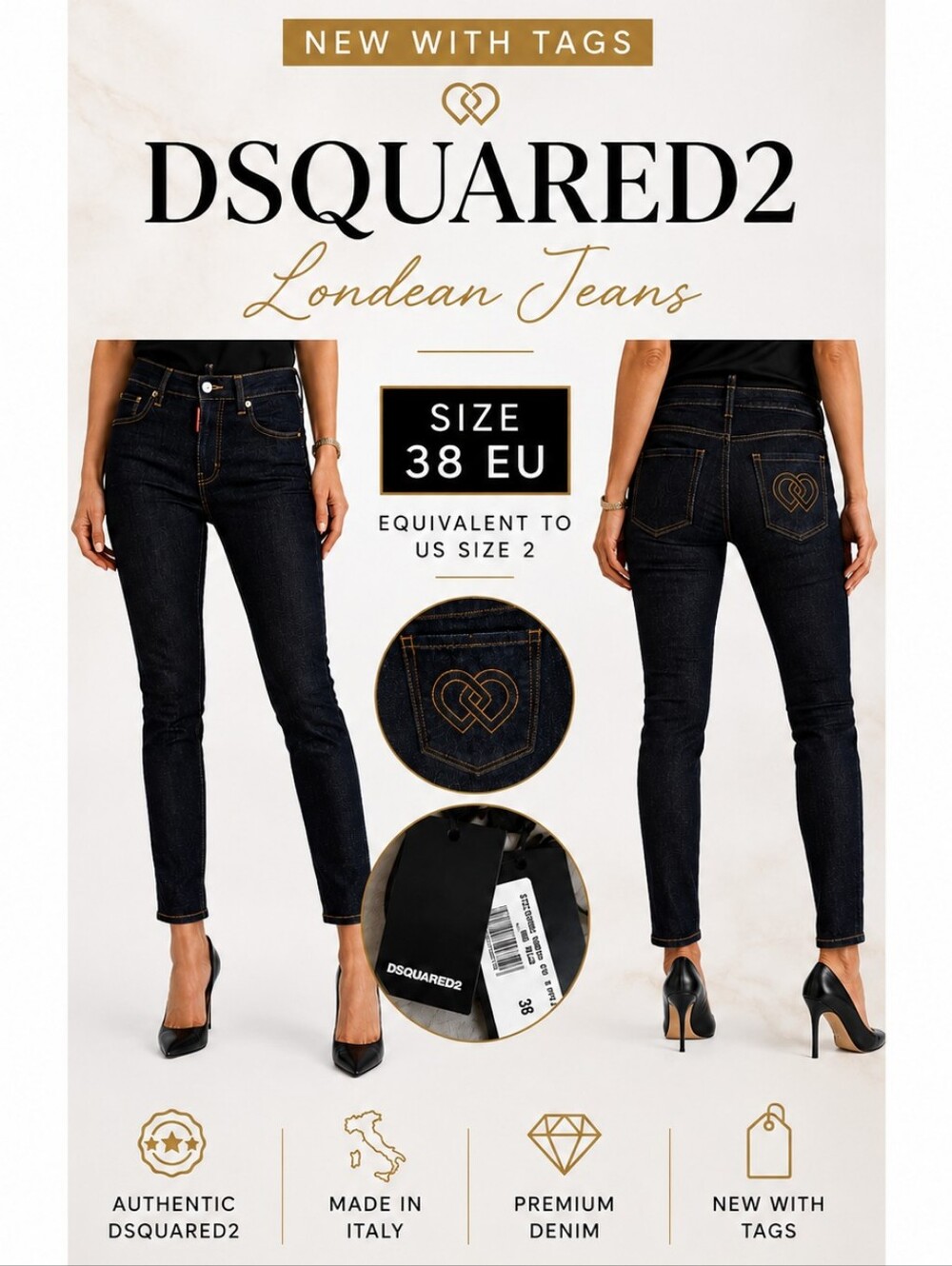 Authentic DSQUARED2 Londean Jeans US 2 EU 38 Dark Indigo Skinny Luxury Designer